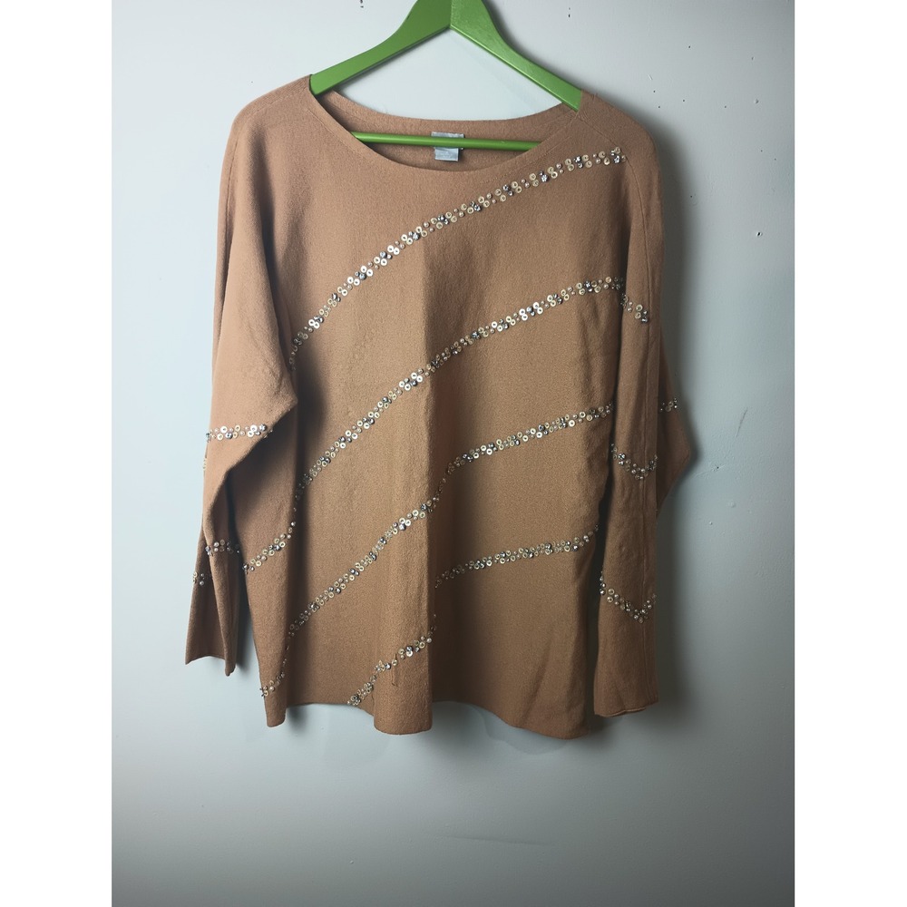 Chicos Camel Tan Sequin Pearl Embellished Sweater Size 3 XL Long Sleeve Knit Top
